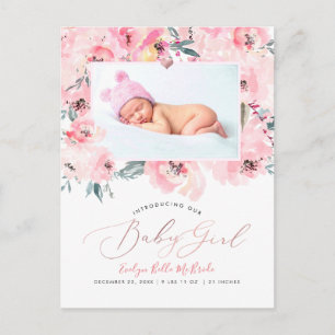 PixDezines Blush Watercolor Peonies Girl Birth Postcard
