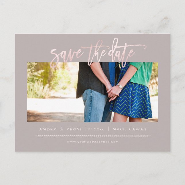 PixDezines BlushFaux Rose Gold Modern Brush Script Announcement Postcard (Front)