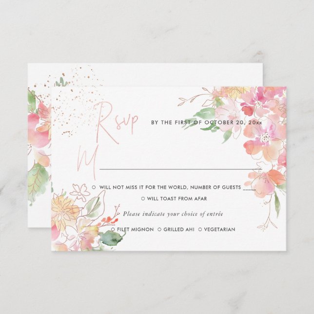 PixDezines Blushing Romance Floral RSVP w Meal Invitation (Front/Back)