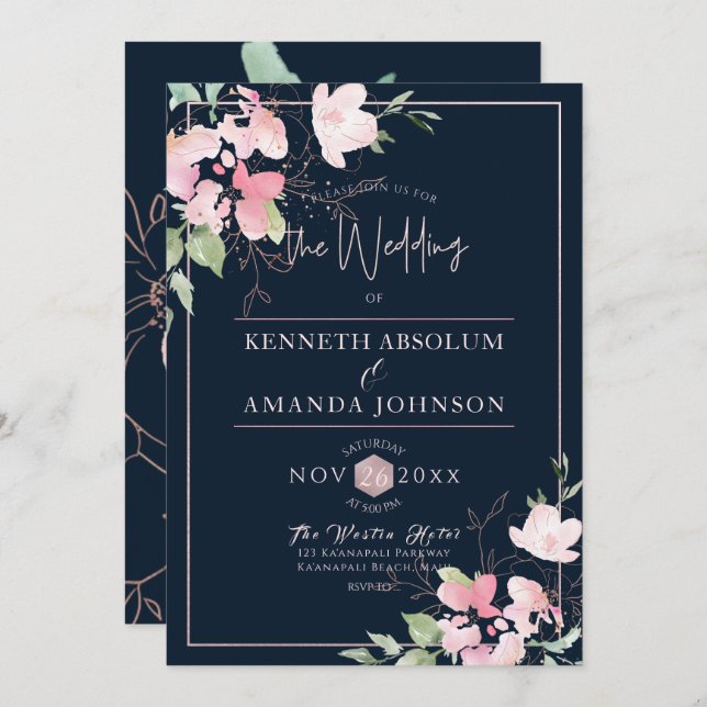 PixDezines Blushing Romance, Watercolor Flowers Invitation (Front/Back)