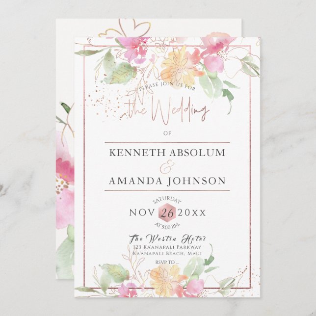 PixDezines Blushing Romance, Watercolor Flowers Invitation (Front/Back)