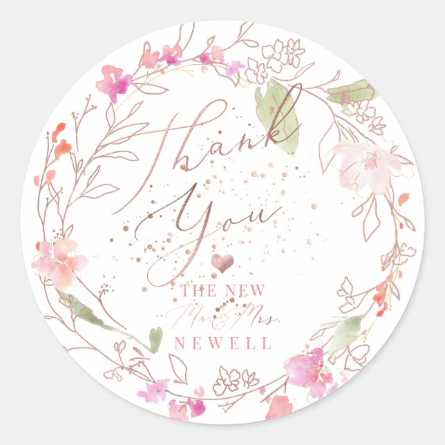 PixDezines Blushing Romance, Watercolor Thank You Classic Round Sticker (Front)