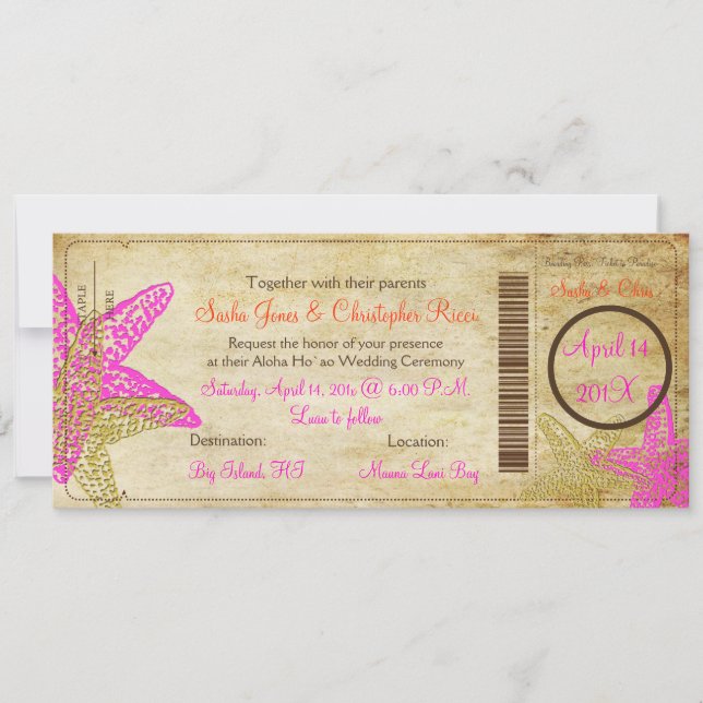 PixDezines Boarding Pass+Beach+Pink Starfish Invitation (Front)