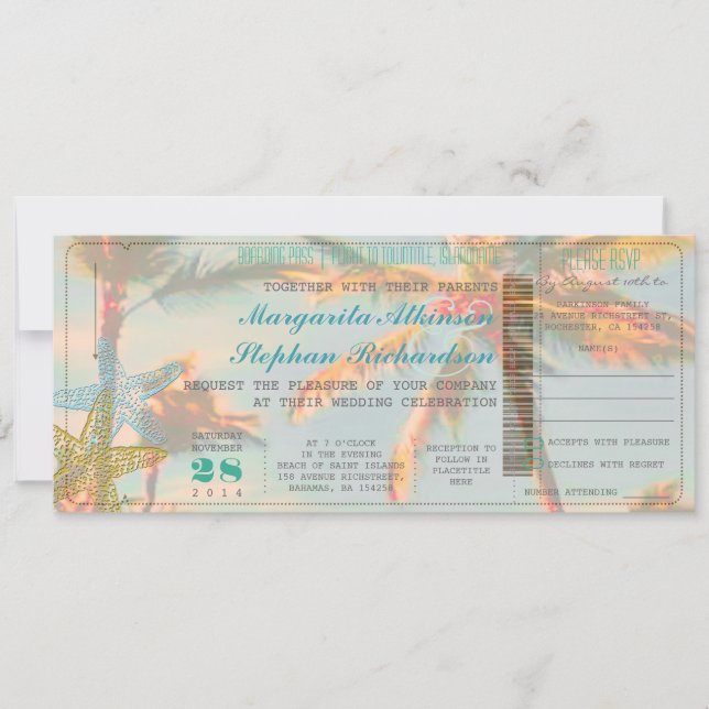 PixDezines Boarding Pass+Vintage Beach Wedding Invitation (Front)