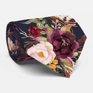 PixDezines Boho Blush Burgundy Watercolor Flowers Tie