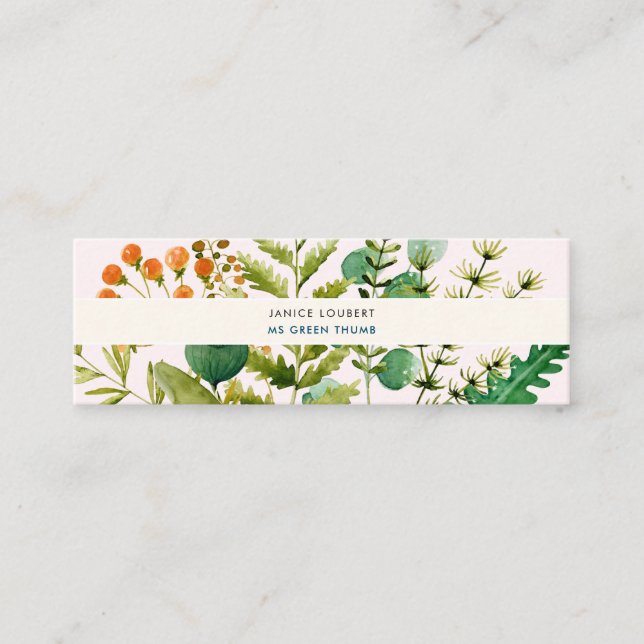 PixDezines Botanical Watercolor, Elderflower+Ferns Mini Business Card (Front)