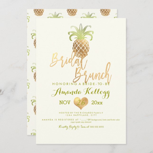PixDezines Bridal Brunch/Faux Gold/Pineapples Invitation (Front/Back)