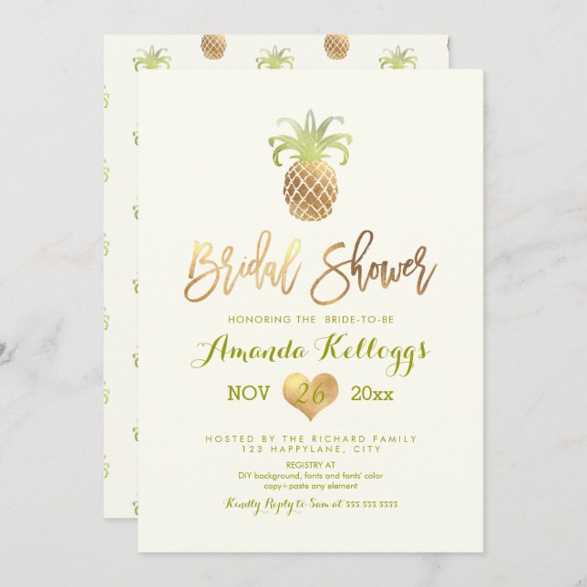 PixDezines Bridal Shower/Faux Gold/Pineapples Invitation (Front/Back)