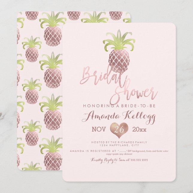 PixDezines Bridal Shower/Rose Gold/Pineapples Invitation (Front/Back)