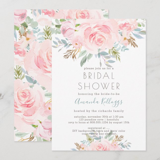 PixDezines Bridal Shower Watercolor Peonies Invita Invitation (Front/Back)