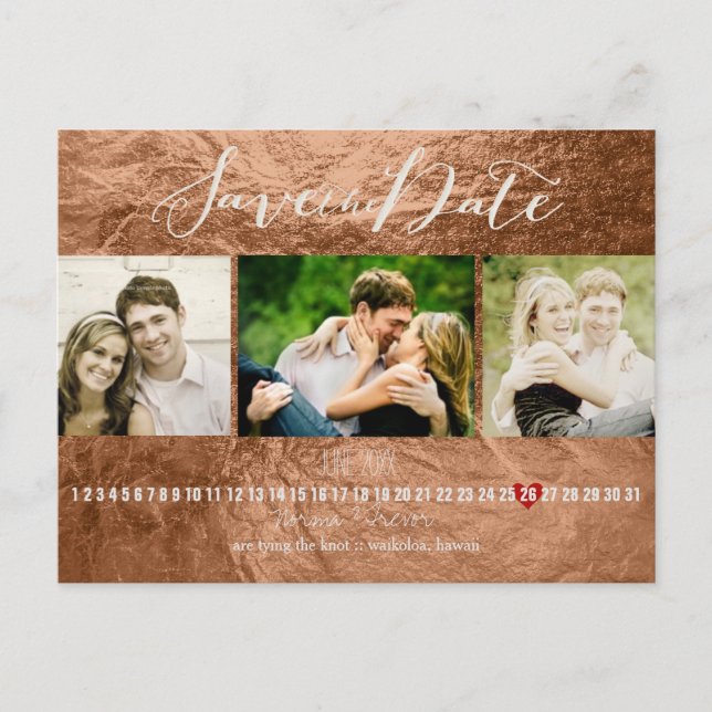 PixDezines bronze/faux foil/photos save the date Announcement Postcard (Front)