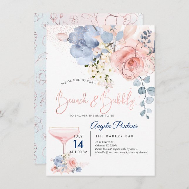 PixDezines Brunch Bubbly Blush+Blue H2 flowers  Invitation (Front/Back)