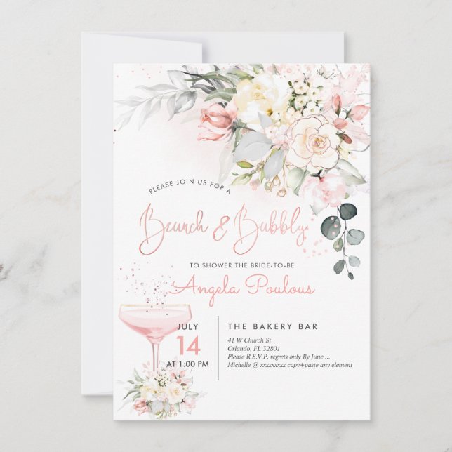 PixDezines Brunch Bubbly Cream Blush Roses Invitation (Front)