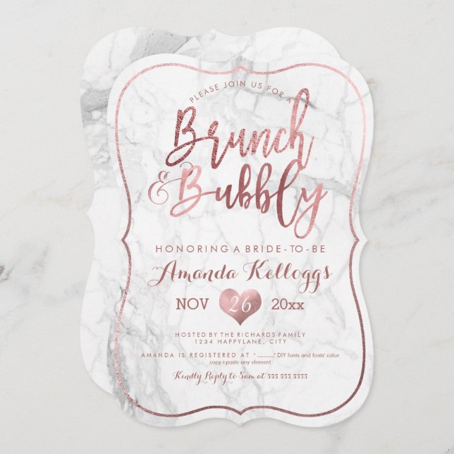 PixDezines Brunch Bubbly/Faux Rose Gold Marble Invitation (Front/Back)