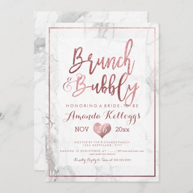 PixDezines Brunch Bubbly/Faux Rose Gold Marble Invitation (Front/Back)