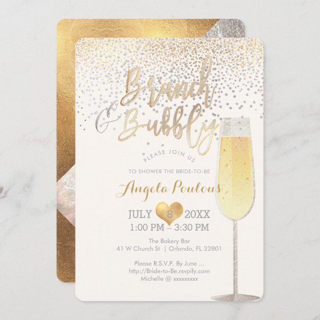 PixDezines Brunch Bubbly/Faux Silver+Gold Confetti Invitation (Front/Back)