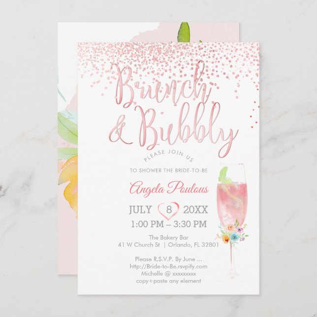 PixDezines Brunch Bubbly/Pink+Silver Confetti Invitation (Front/Back)