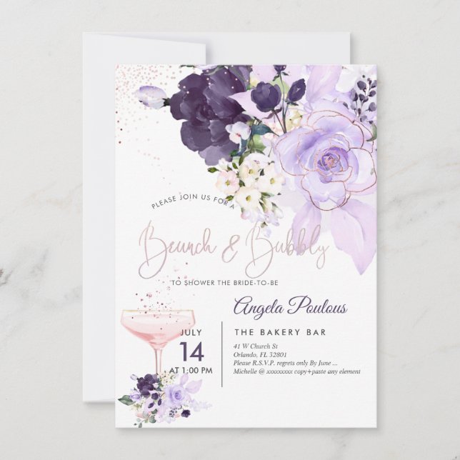 PixDezines Brunch Bubbly Purple H2 Flowers Invitat Invitation (Front)