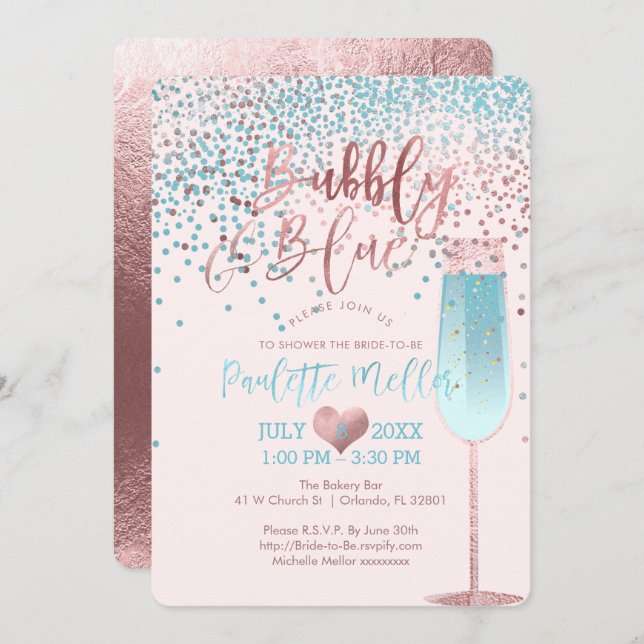 PixDezines Brunch N Bubbly/Rose Gold/Blue Confetti Invitation (Front/Back)