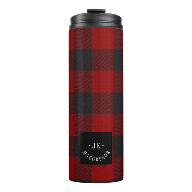 PixDezines Buffalo Plaid, Black Red Monogram Thermal Tumbler (Front)