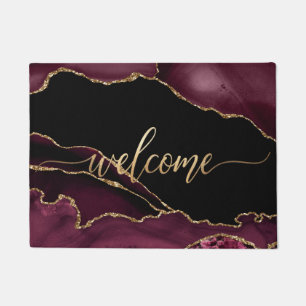 PixDezines BURGUNDY AGATE FAUX GOLD VEINS, WELCOME Doormat