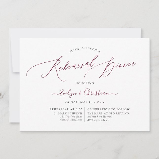 PixDezines Burgundy Calligraphy Rehearsal Dinner  Invitation (Front)