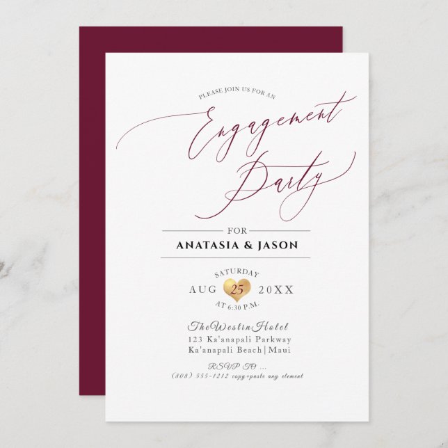 PixDezines Burgundy Luxe Calligraphy Engagement Invitation (Front/Back)