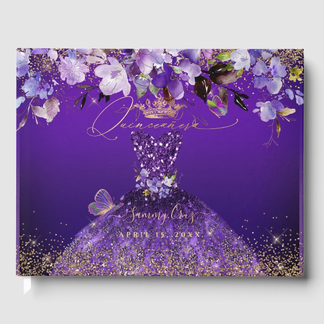 PixDezines Butterflies Quinceanera, Dark Purple Guest Book (Front)