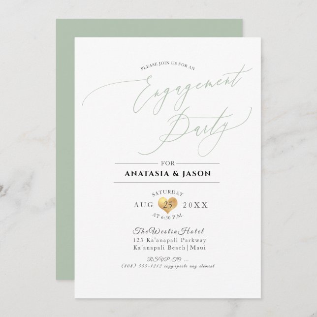 PixDezines Celadon Green Engagement Party Invitation (Front/Back)