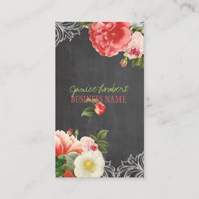 PixDezines Chalkboard+Vintage Peonies Business Card (Front)