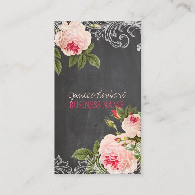 PixDezines Chalkboard+Vintage Roses Business Card (Front)