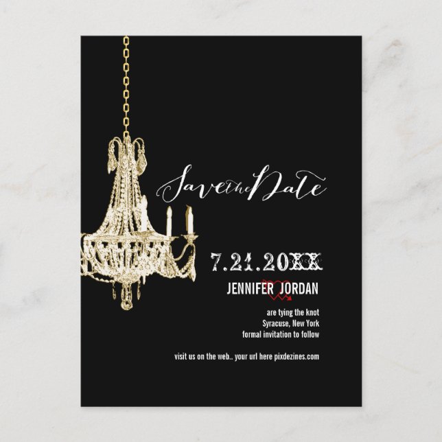 PixDezines chandeliers/gold trim/save the date Announcement Postcard (Front)