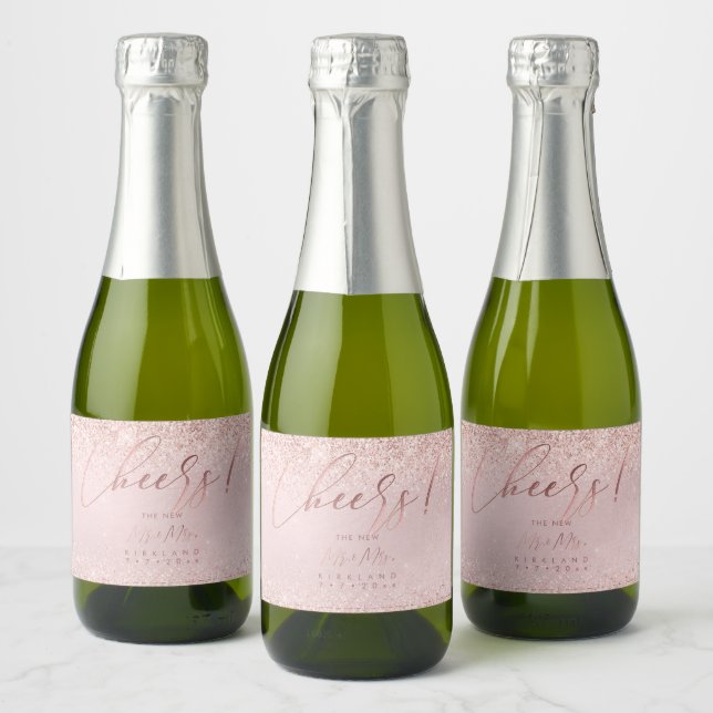 PixDezines Cheers Faux Rose Gold Glitter+Blush Sparkling Wine Label (Bottles)