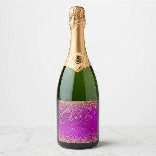 PixDezines Cheers Magenta Pink+Gold Glitter Sparkling Wine Label
