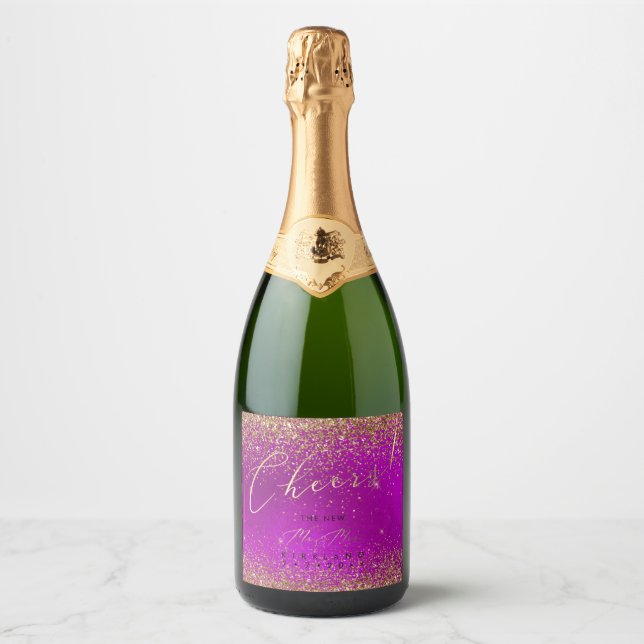 PixDezines Cheers Magenta Pink+Gold Glitter Sparkling Wine Label (Front)
