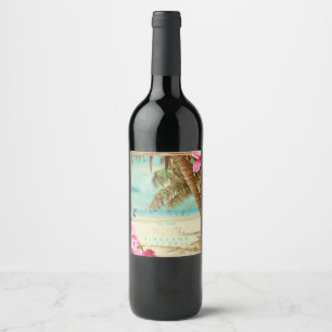 PixDezines Cheers vintage beach, tropical palms Wine Label