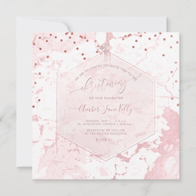 PixDezines Christening Blush Honeycomb Marble Invitation (Front)