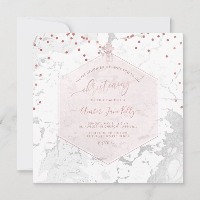 PixDezines Christening Blush Honeycomb Marble Invitation (Front)