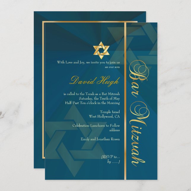PixDezines CLASSIC BAR MITZVAH/TEAL BLUE+GOLD Invitation (Front/Back)