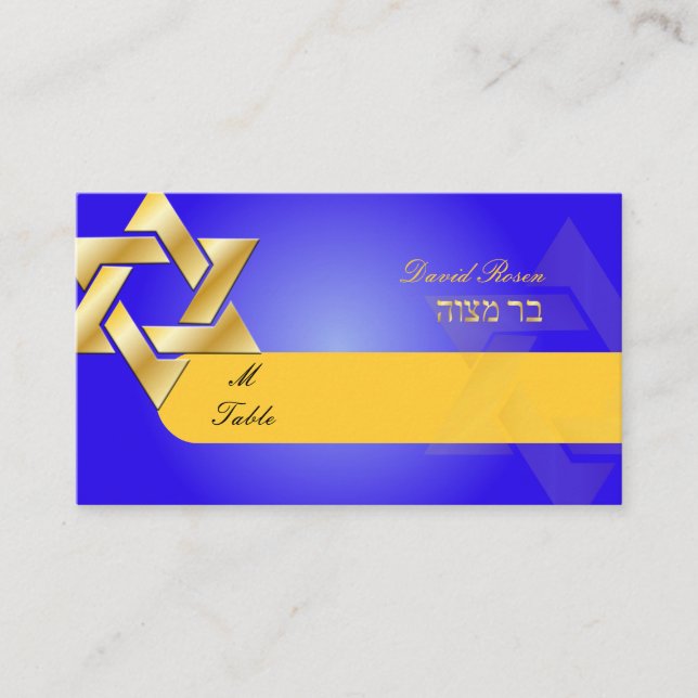 PixDezines Classic mitzvah place cards/blue+gold Card (Front)