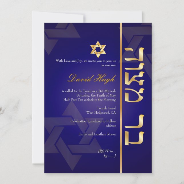 PixDezines Classy Photo Bar Mitzvah/dark blue/gold Invitation (Front)