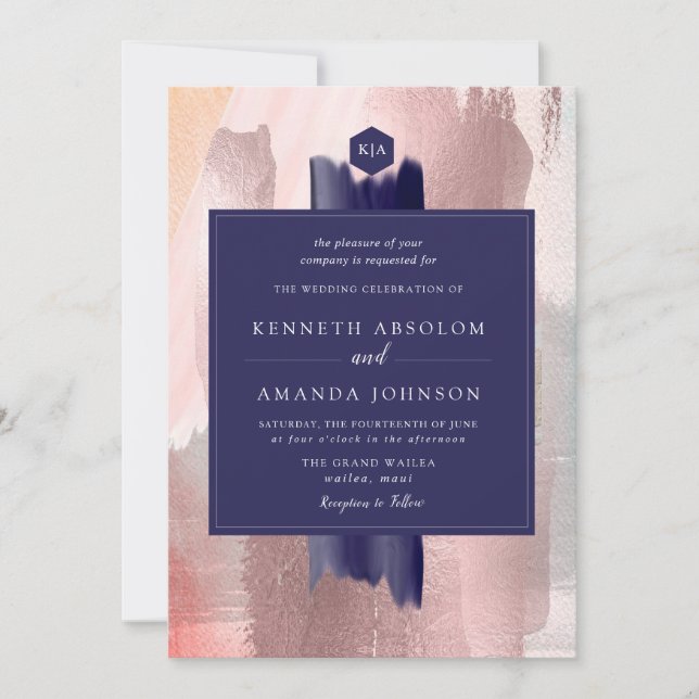 PixDezines Colour Block Navy Rose Gold Silver Invitation (Front)