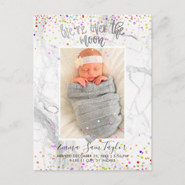 PixDezines Confetti Birth/Over the Moon Announcement Postcard (Front)