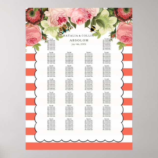 PixDezines coral stripes+roses/seating chart (Front)