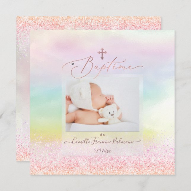 PixDezines Cotton Candy Glitter, Baptême Fille Invitation (Front/Back)