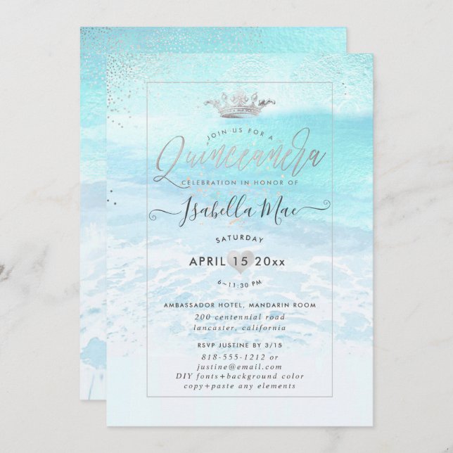 PixDezines Crystal Blue BeachShoreline Quinceanera Invitation (Front/Back)