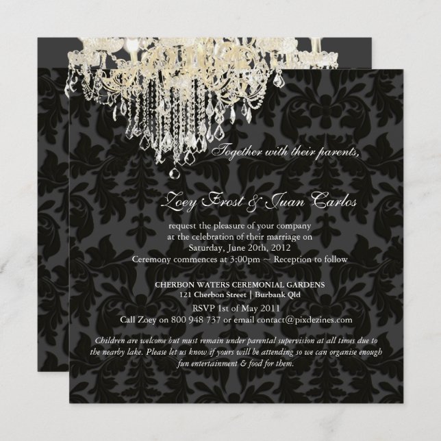 PixDezines Crystal Chandelier + Baroque Damask Invitation (Front/Back)
