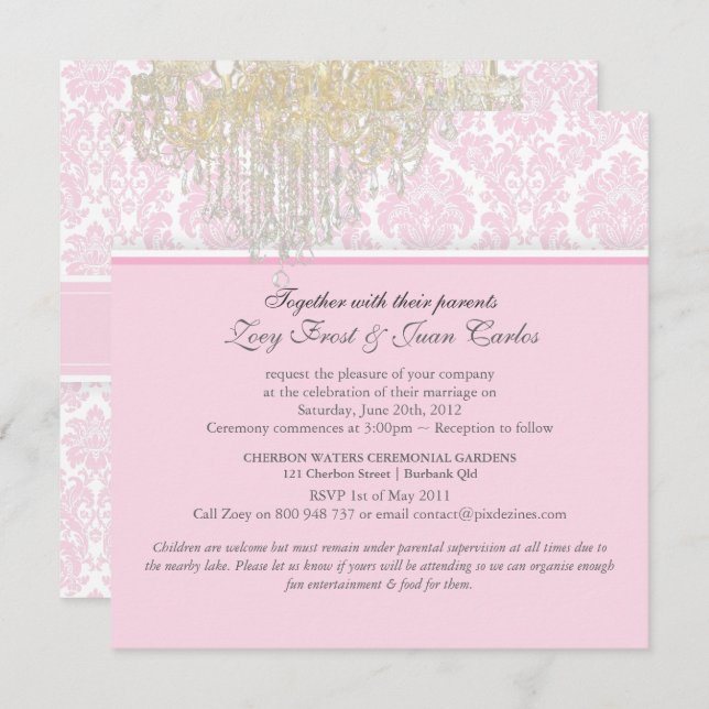 PixDezines Crystal Chandelier + Moiré Damask Invitation (Front/Back)