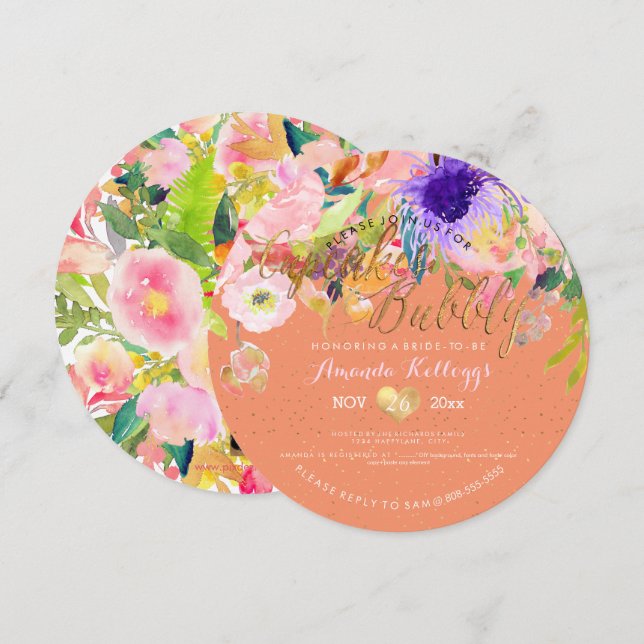 PixDezines Cupcakes & Bubbly Spring Floral Invitation (Front/Back)