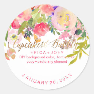 PixDezines Cupcakes+Bubbly Watercolor Peonies Classic Round Sticker